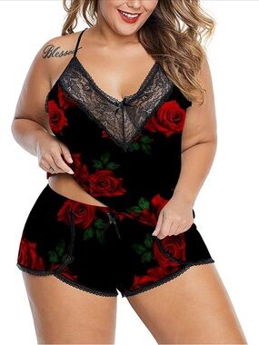 Plus Size Black Rose Lace-Trim Cami & Short Pajama Set